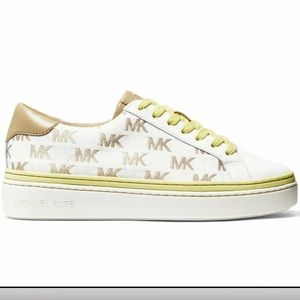 Michael Kors logo MK white tan and neon yellow low top sneakers